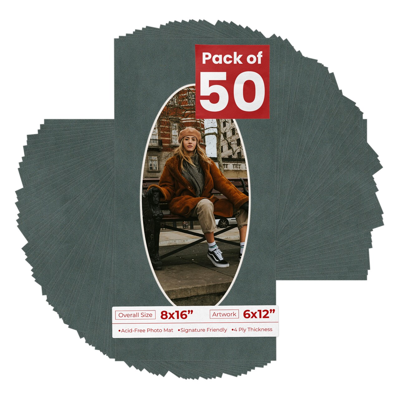 Dark Grey Suede Mat Board for 8x16 Frames - Oval Opening for 6x12 Photos